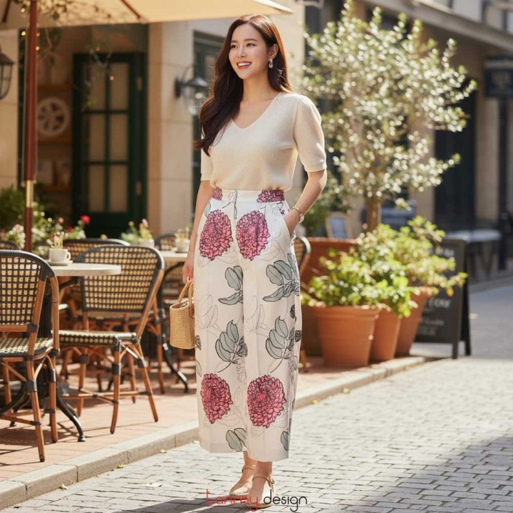 Quần kiểu gấu xẻ gờ tô hoa nền trắng